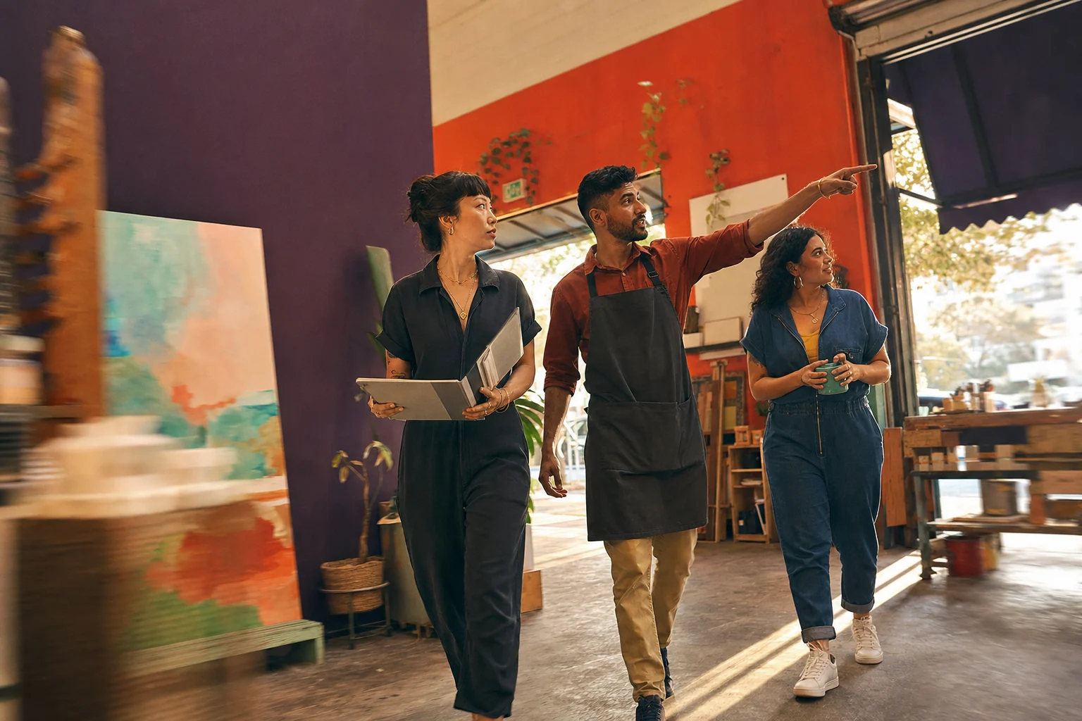 Business collaborators walking through an active workspace and discussing what comes next